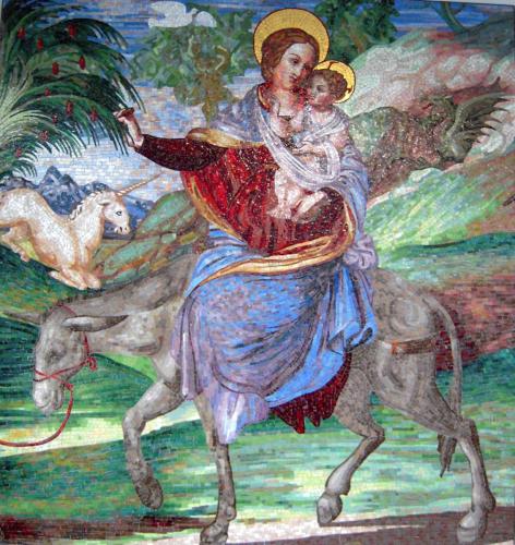 Le miracle des dattes, mosaïque en émaux de Venise et ors vénitiens en style classique vénitien. Réalisée d’après une fresque religieuse afin d’en assurer sa pérennisation.